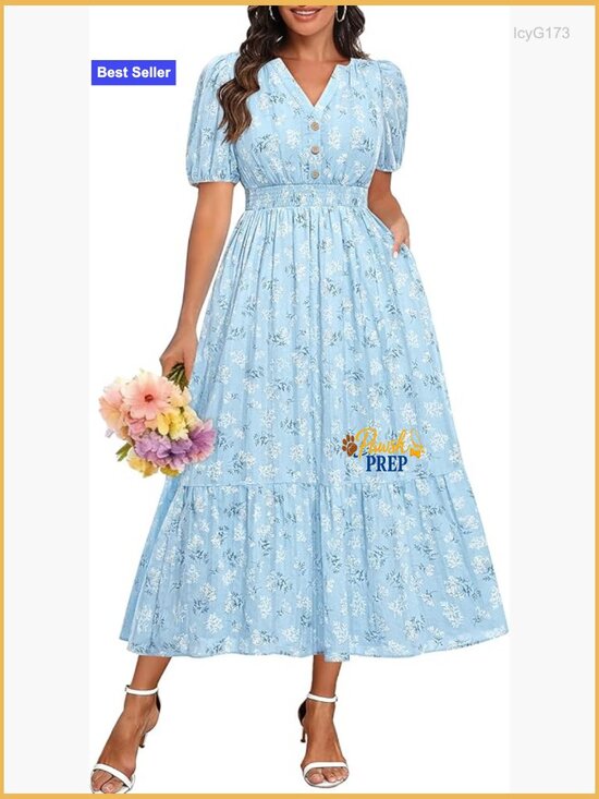 Dresses & Skirts - Cotton Midi Maxi Dress with Pockets, Puff Sleeves, V-Neck, Elastic Waist